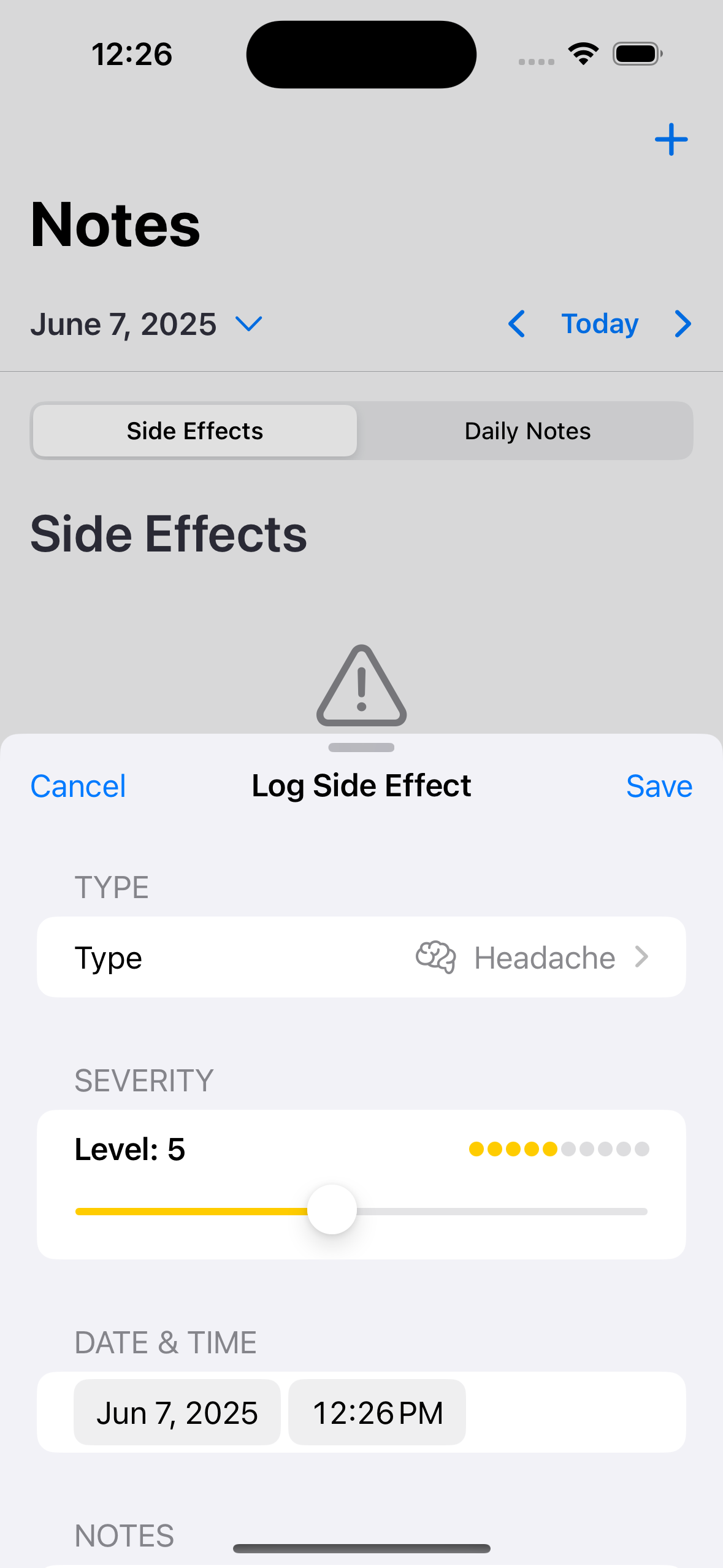 Side Effect Monitoring Screenshot